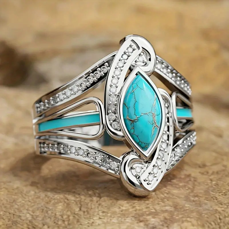 Load image into Gallery viewer, TMRG1 - Turquoise/Zirconia Horse Eye Shaped Ring
