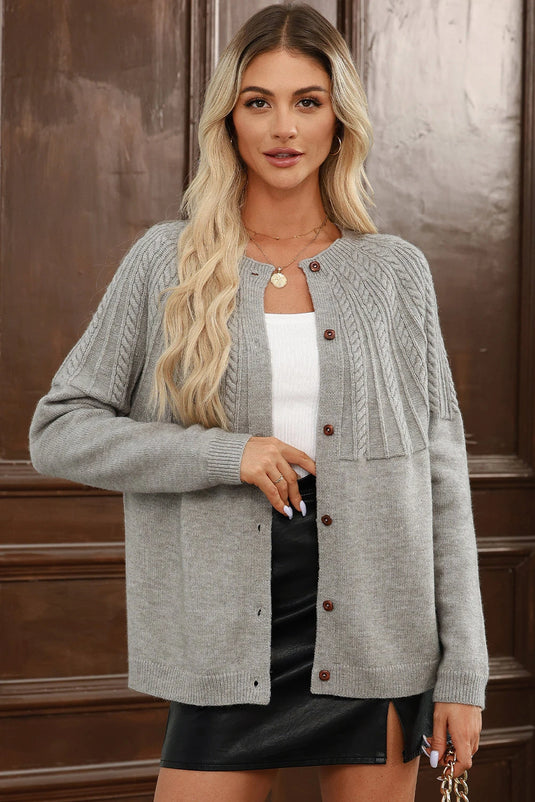 DLLS242 - Ladies Gray Solid Color Textured Detail Button Down Long Sleeve Sweater Cardigan