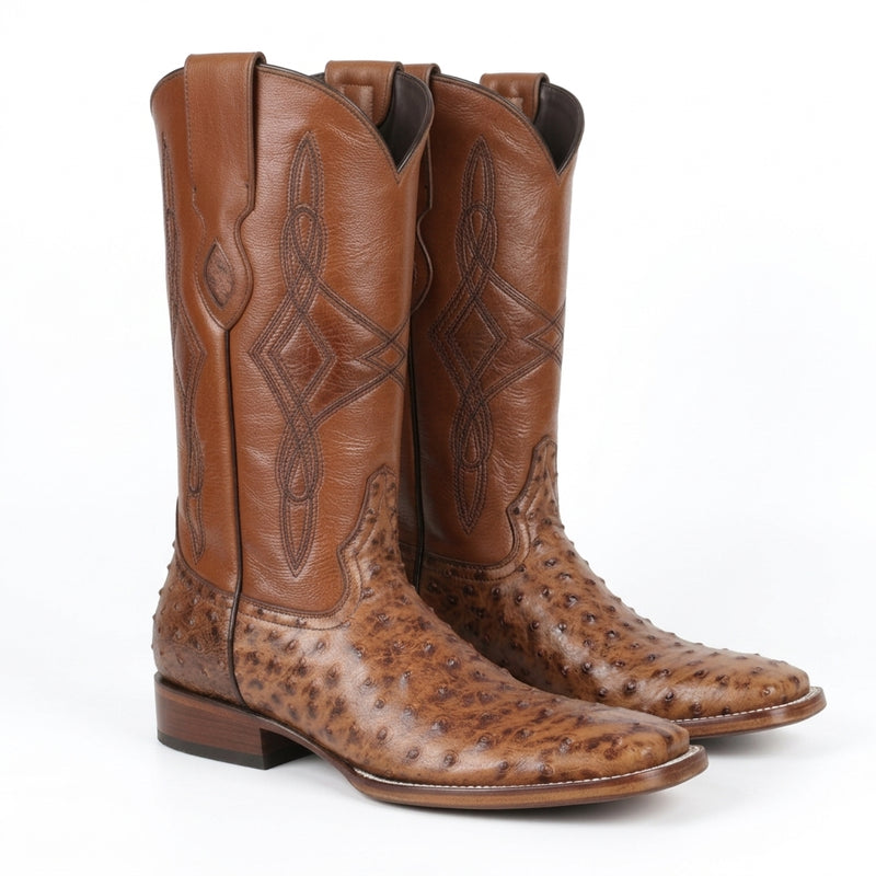 Load image into Gallery viewer, 8006 - RockinLeather Men's Cognac Full Quill Ostrich Square Toe Western Boot
