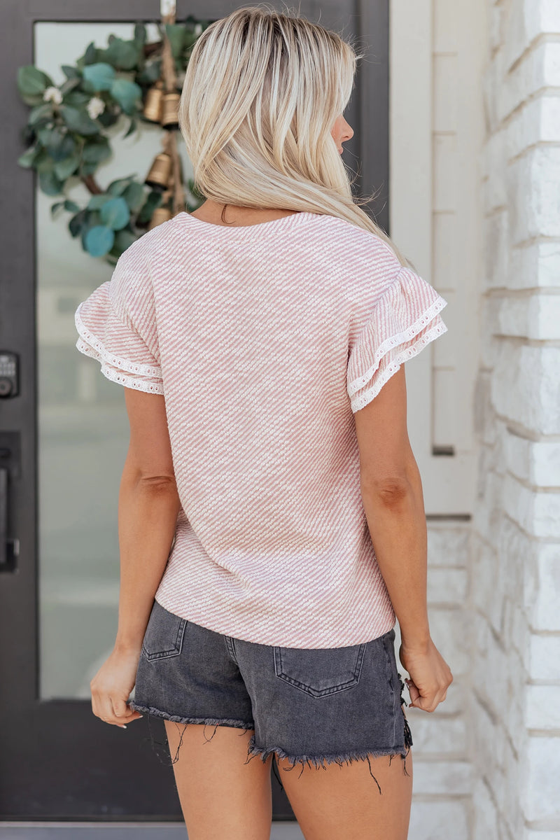 Load image into Gallery viewer, DLLS515 - Ladies Light Pink Twilled Print Lace Trim Ruffled Short Sleeve Blouse
