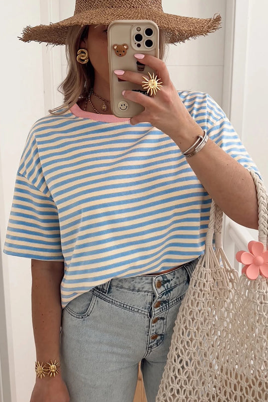 DLLS468 - Ladies Sky Blue Stripe Contrast Crew Neck Drop Shoulder Loose Tee