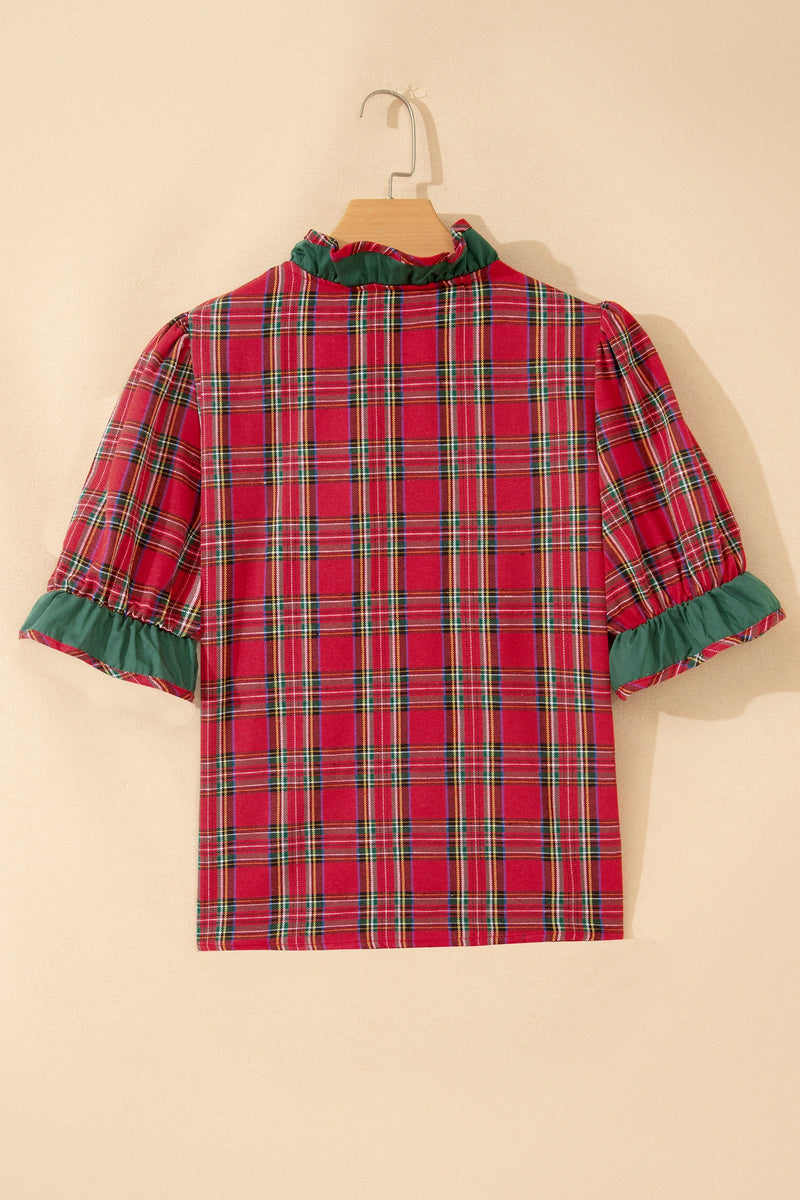 Load image into Gallery viewer, DLLS856 - Ladies Red Plaid V Neck Ruffle Color Block Trim Short Sleeve Shirt
