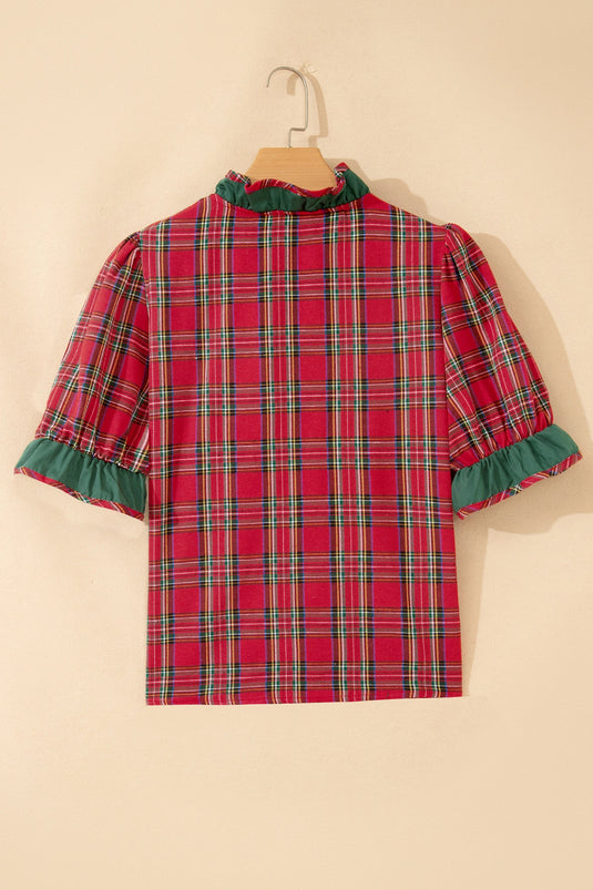 DLLS856 - Ladies Red Plaid V Neck Ruffle Color Block Trim Short Sleeve Shirt