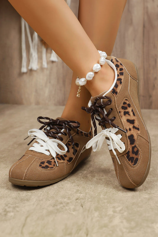 DLLSHOE 168 - Thai Curry Lace-Up PU Leather Leopard Print Casual Flat Shoes