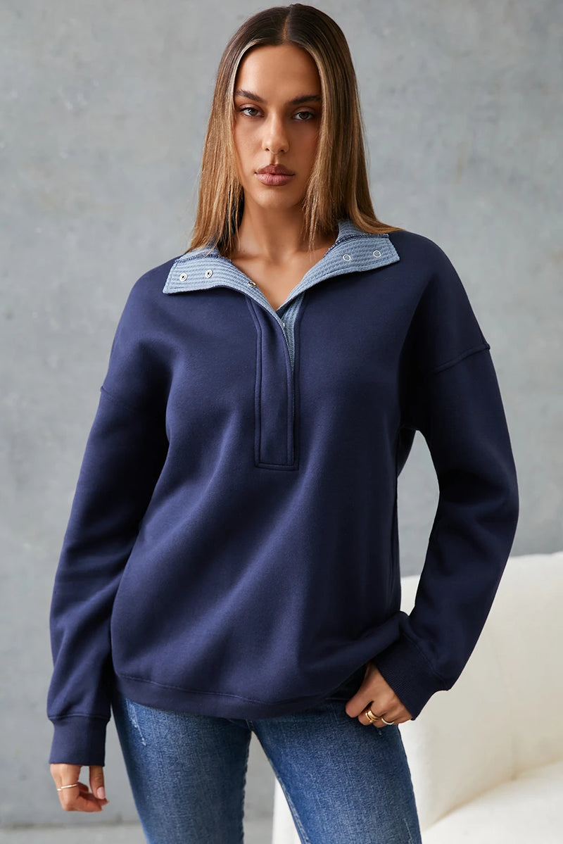 Load image into Gallery viewer, DLLS1120 - Ladies Blue Contrast Textured Placket Metal Button Pullover Sweatshirt
