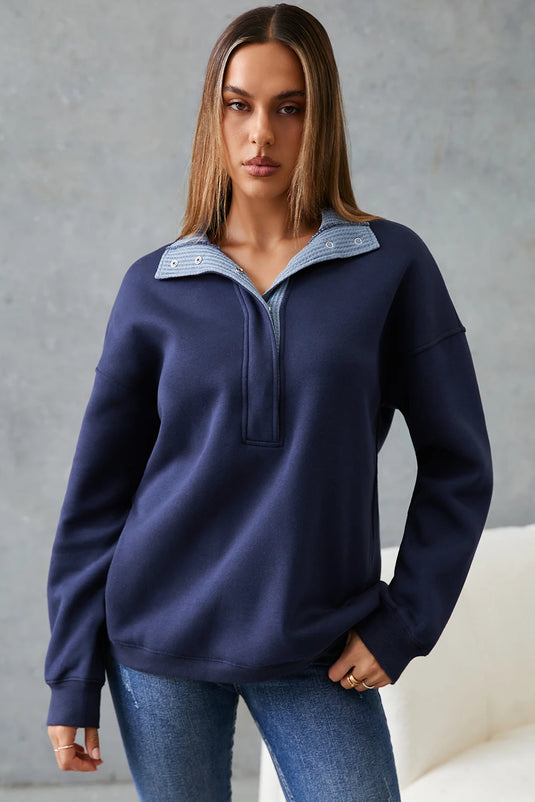 DLLS1120 - Ladies Blue Contrast Textured Placket Metal Button Pullover Sweatshirt