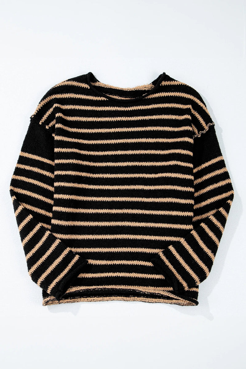 Load image into Gallery viewer, DLLS135 - Ladies Black Stripe Drop Shoulder Round Neck Loose Sweater
