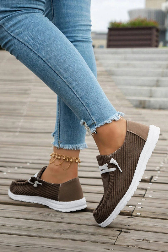 DLLSHOE 43  - Coffee Solid Ribbed Criss Cross Slip On Casual Shoes