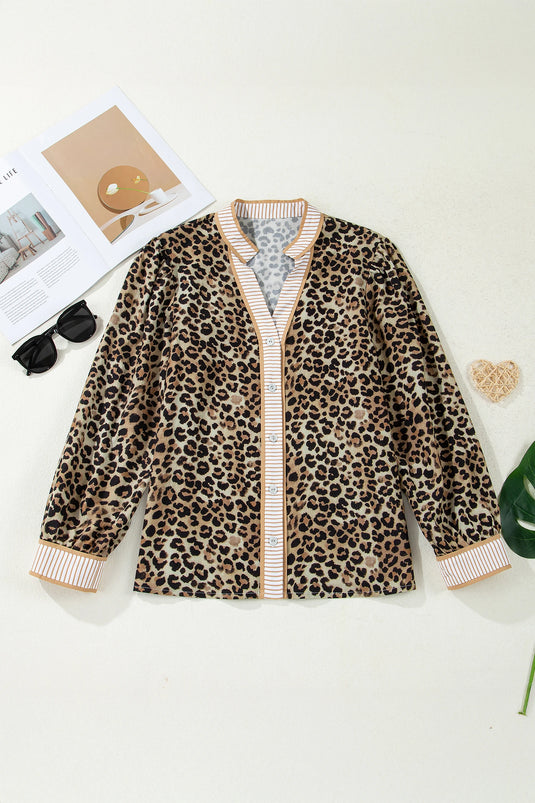 DLLS356 - Ladies Khaki Contrast Striped Trim V Neck Leopard Shirt