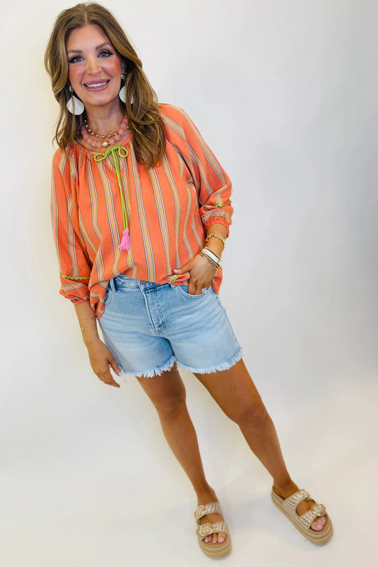 DLLS681 - Ladies Orange Striped Tie Neck Blouse Casual Shift Top