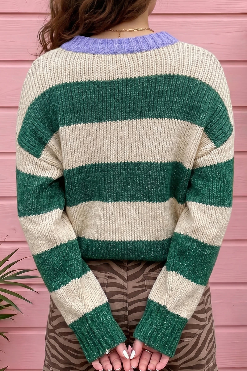 Load image into Gallery viewer, DLLS853 - Ladies Green Stripe Striped Colorblock Drop Shoulder Pullover Sweater
