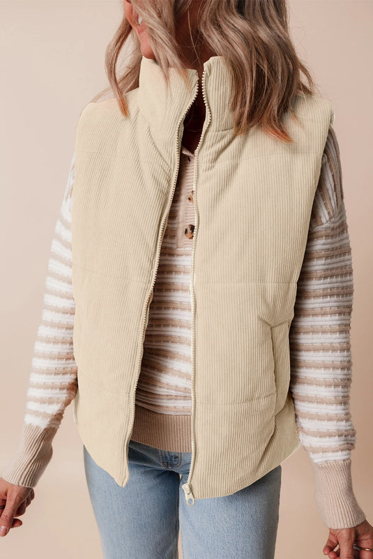 DLLS256 - Ladies Beige Corduroy Stand Neck Zipped Puffer Vest