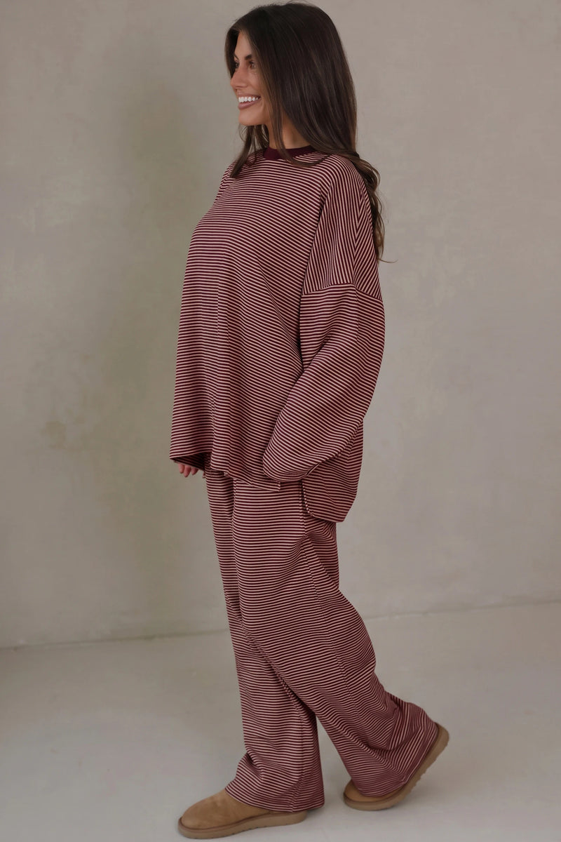 Load image into Gallery viewer, DLLS1048 - Ladies Brown Stripe Trim Round Neck Oversize Long Sleeve Top 2pcs Pant Set
