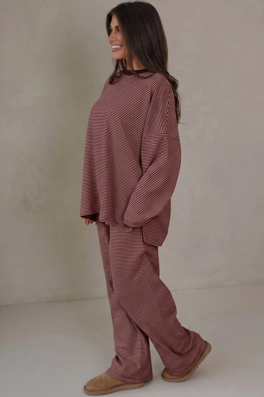 DLLS1048 - Ladies Brown Stripe Trim Round Neck Oversize Long Sleeve Top 2pcs Pant Set