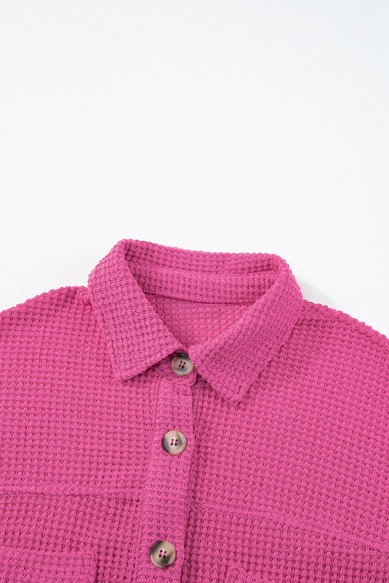 Load image into Gallery viewer, DLLS545 - Ladies Bright Pink Waffle Textured Knit Button Down Short Sleeve Shacket
