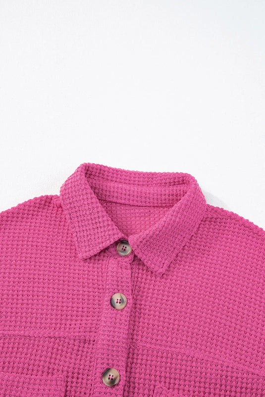 DLLS545 - Ladies Bright Pink Waffle Textured Knit Button Down Short Sleeve Shacket