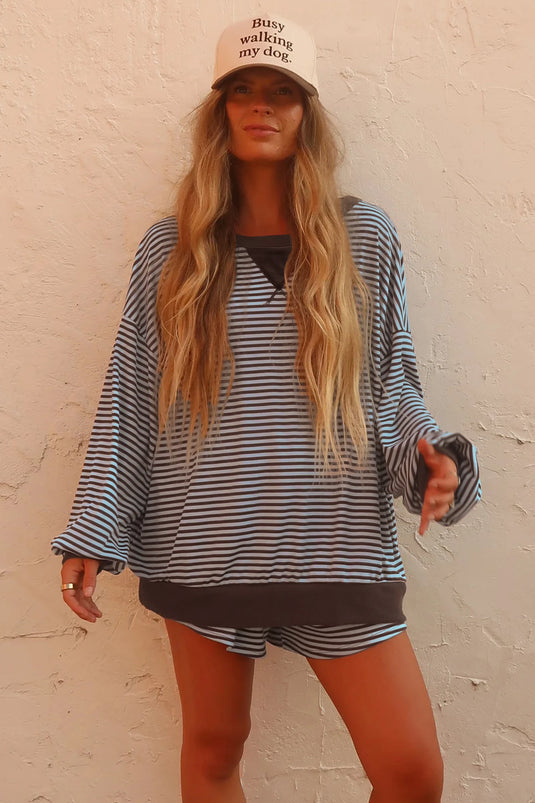 DLLS1083 - Ladies Brown Stripe Oversized Long Sleeve Top Drawstring Loose Shorts 2pcs Set