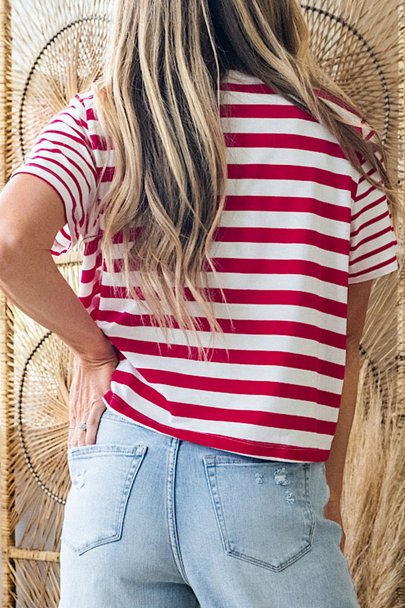 Load image into Gallery viewer, DLLS530 - Ladies Red Stripe Patchwork Round Neck T Shirt
