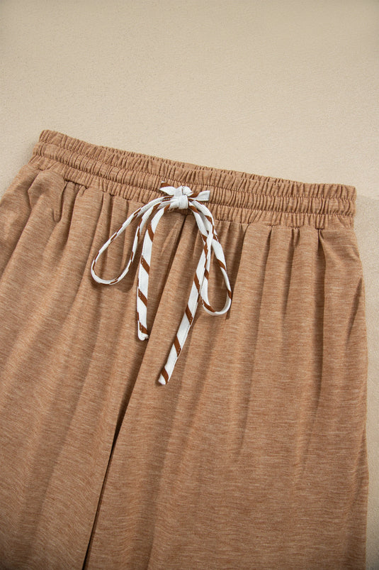 DLLS1030 - Ladies Khaki Stripe V Neck Ruffle Sleeve Top Drawstring Pants 2pcs Set