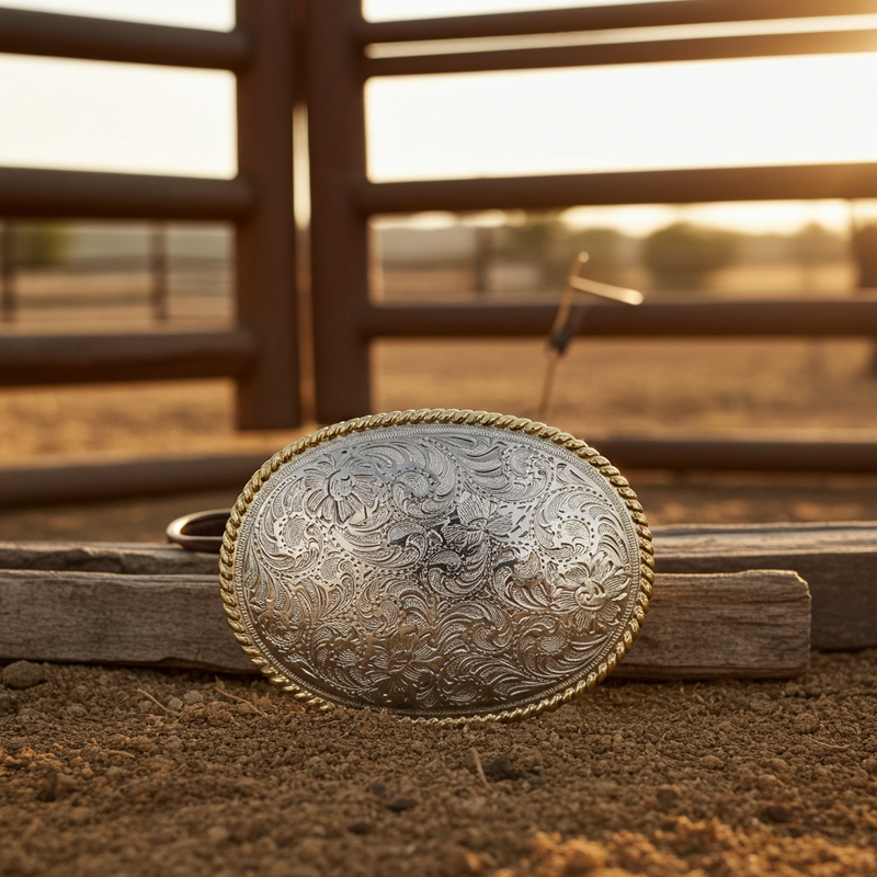 Load image into Gallery viewer, RLB501 - RockinLeather Silver Scrolled Oval Buckle with Gold Edge
