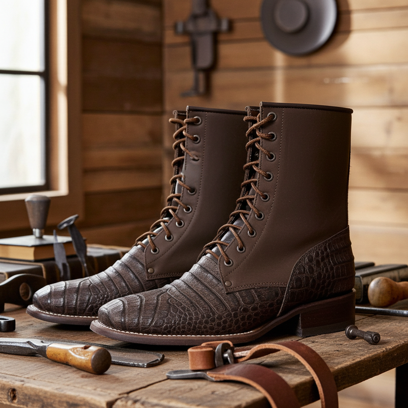 Load image into Gallery viewer, CP5002 - Cowboy Prayer Men&#39;s Gator Print Lace Up Packer Boots
