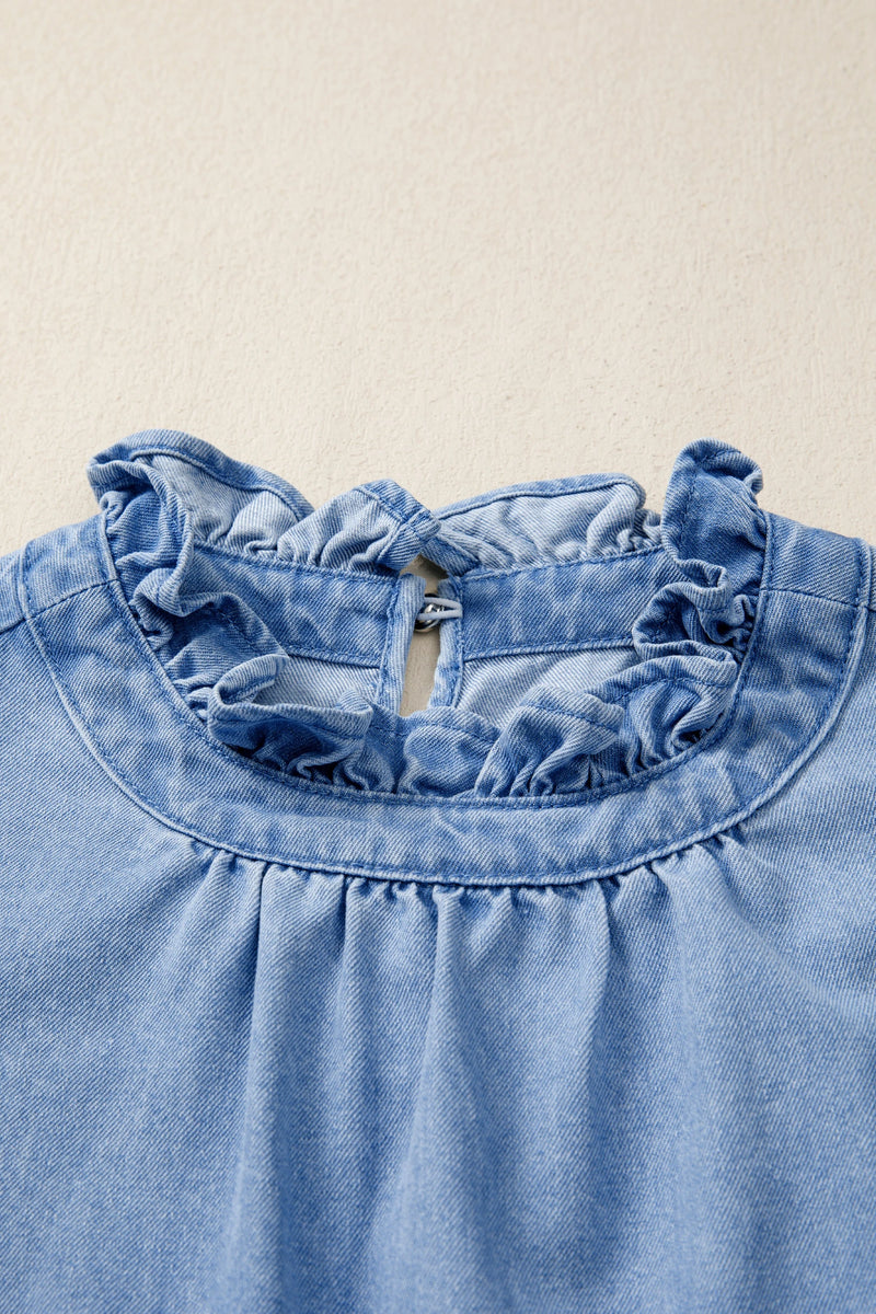 Load image into Gallery viewer, DLLS637 - Ladies Beau Blue Frilled Collar Flutter Sleeve Denim Top
