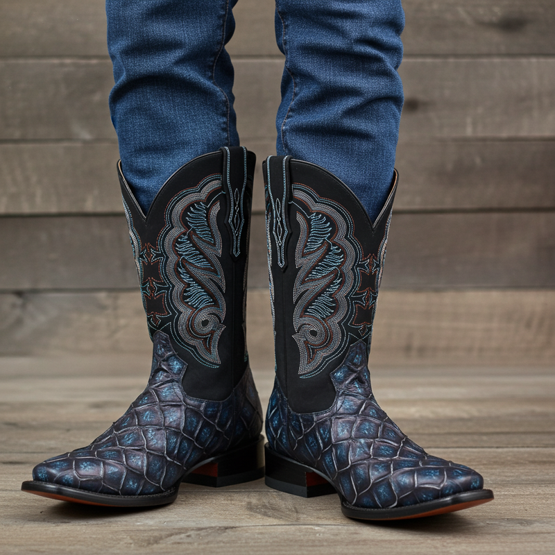 Load image into Gallery viewer, CP1707 - Cowboy Prayer Hand Crafted Blue Pirarucu Print Cowboy Boots
