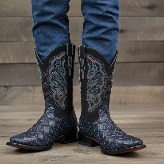 CP1707 - Cowboy Prayer Hand Crafted Blue Pirarucu Print Cowboy Boots