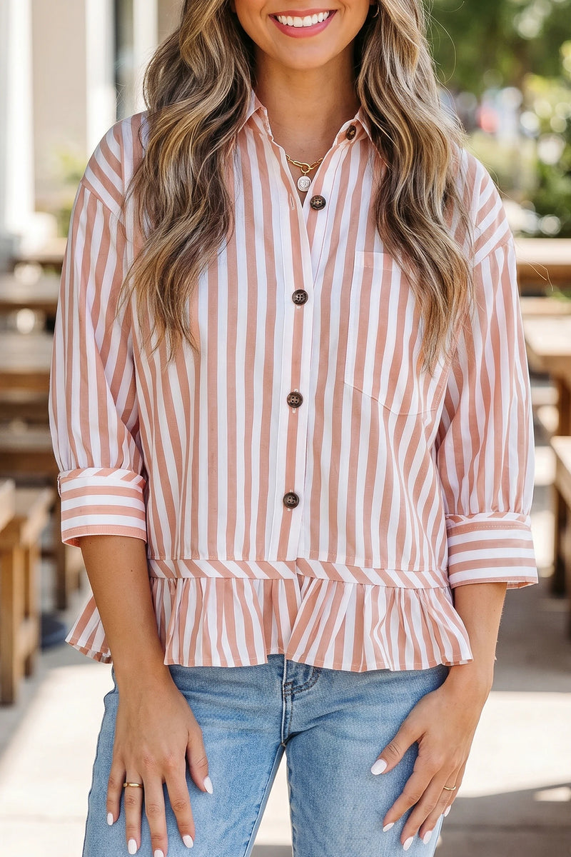 Load image into Gallery viewer, DLLS679 - Ladies Khaki Striped Shirt Bracelet Sleeve Shift Silhouette Casual Wear
