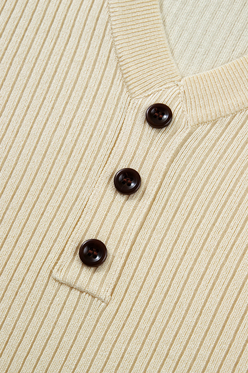 Load image into Gallery viewer, DLLS580 - Ladies Apricot V Neck Ribbed Knit Striped Trim Short Sleeve Sweater
