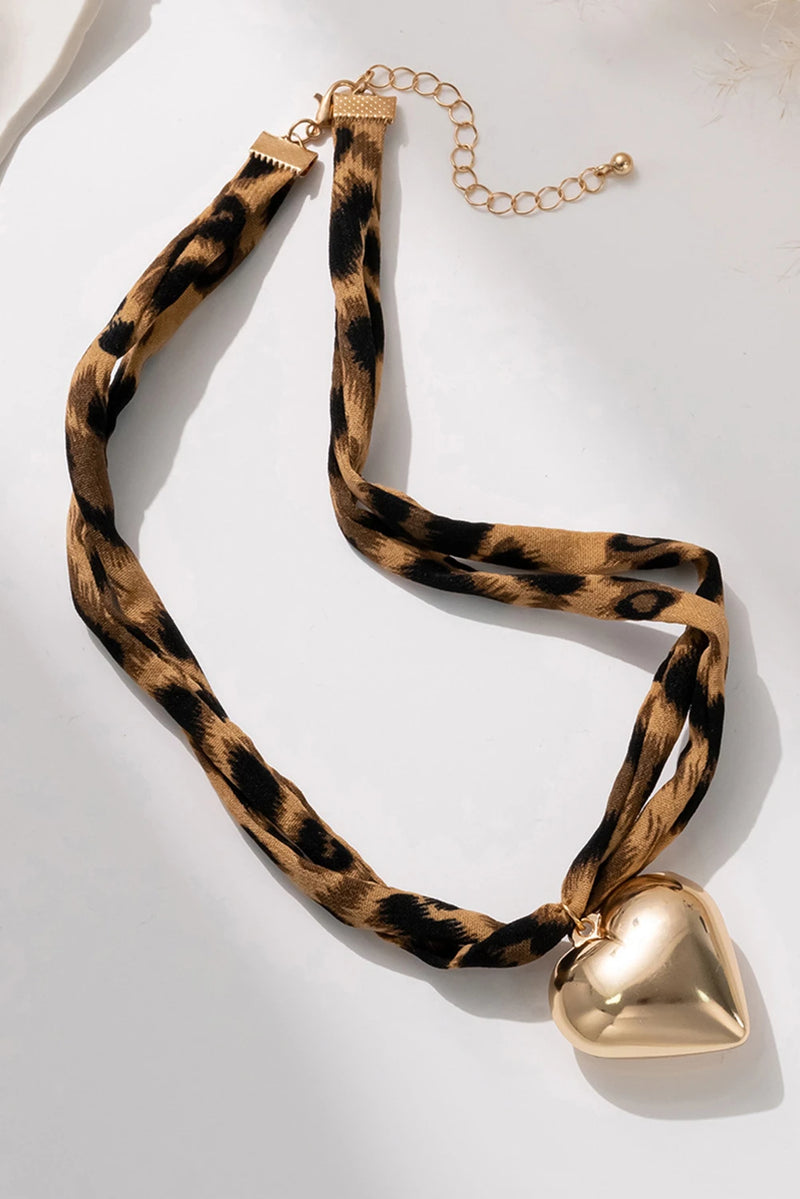 Load image into Gallery viewer, DLLNK 12 - Gold Puffy Heart Charm Leopard Scarf Necklace
