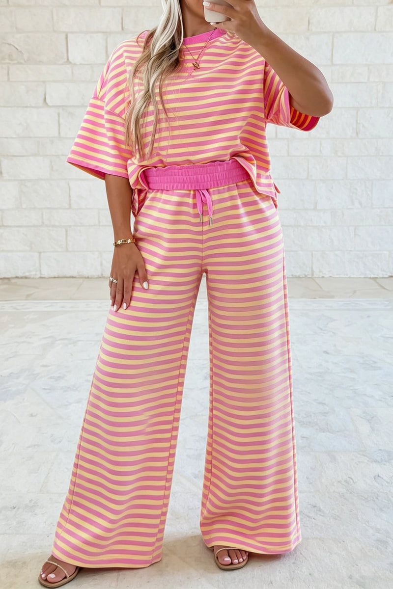 Load image into Gallery viewer, DLLS772 - Ladies Pink Stripe Crew Neck Loose Tee Drawstring Elastic Waist 2pcs Pant Set
