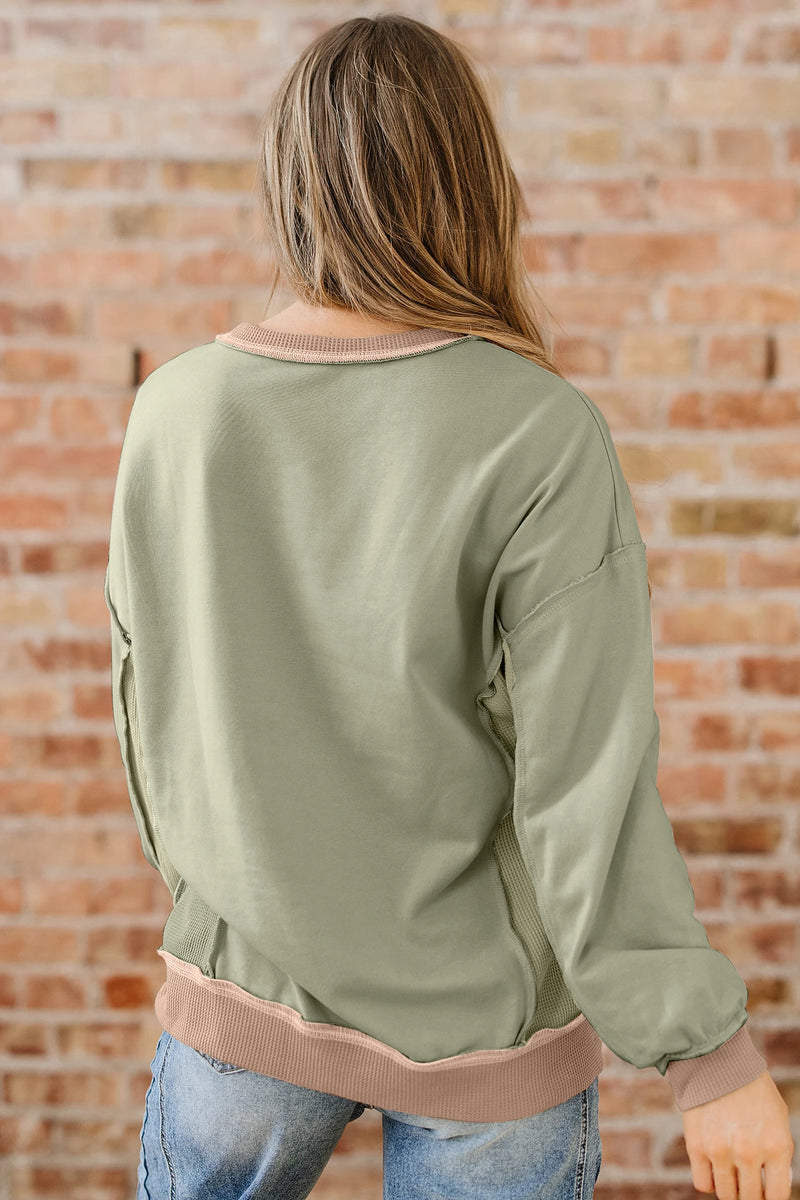 Load image into Gallery viewer, DLLS396 - Ladies Smoke Green Color Block Mix Texture Waffle Patchwork Oversize Sweatshirt
