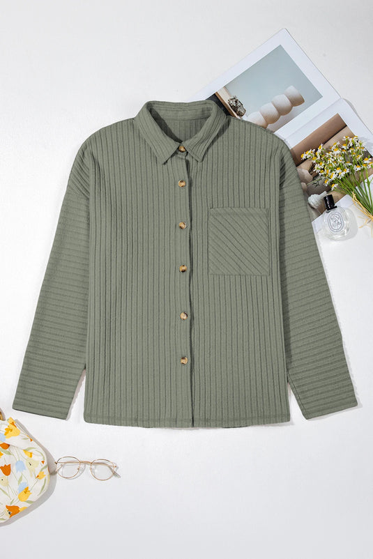 DLLS278 - Ladies Mist Green Thermal Ribbed Texture Drop Shoulder Button Up Shacket