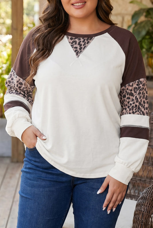 DLLS720 - Ladies Beige Leopard Colorblock Round Neck Long Sleeve Plus Size Blouse