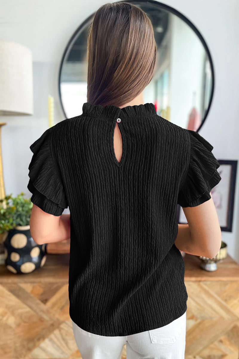 Load image into Gallery viewer, DLLS693 - Ladies Black Solid Color Textured Ruffle Trim Short Sleeve Blouse
