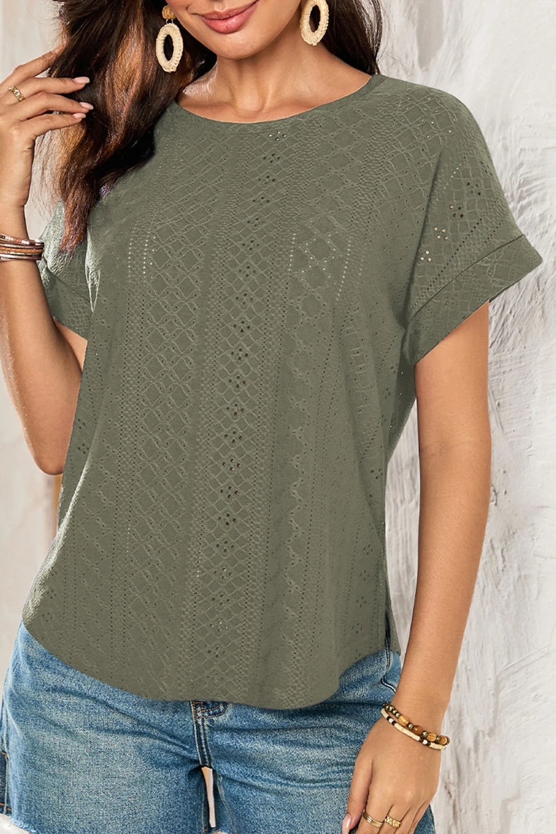 Load image into Gallery viewer, DLLS486 - Ladies Four Leaf Clover Eyelet Jacquard Cuffed Short Sleeve Top
