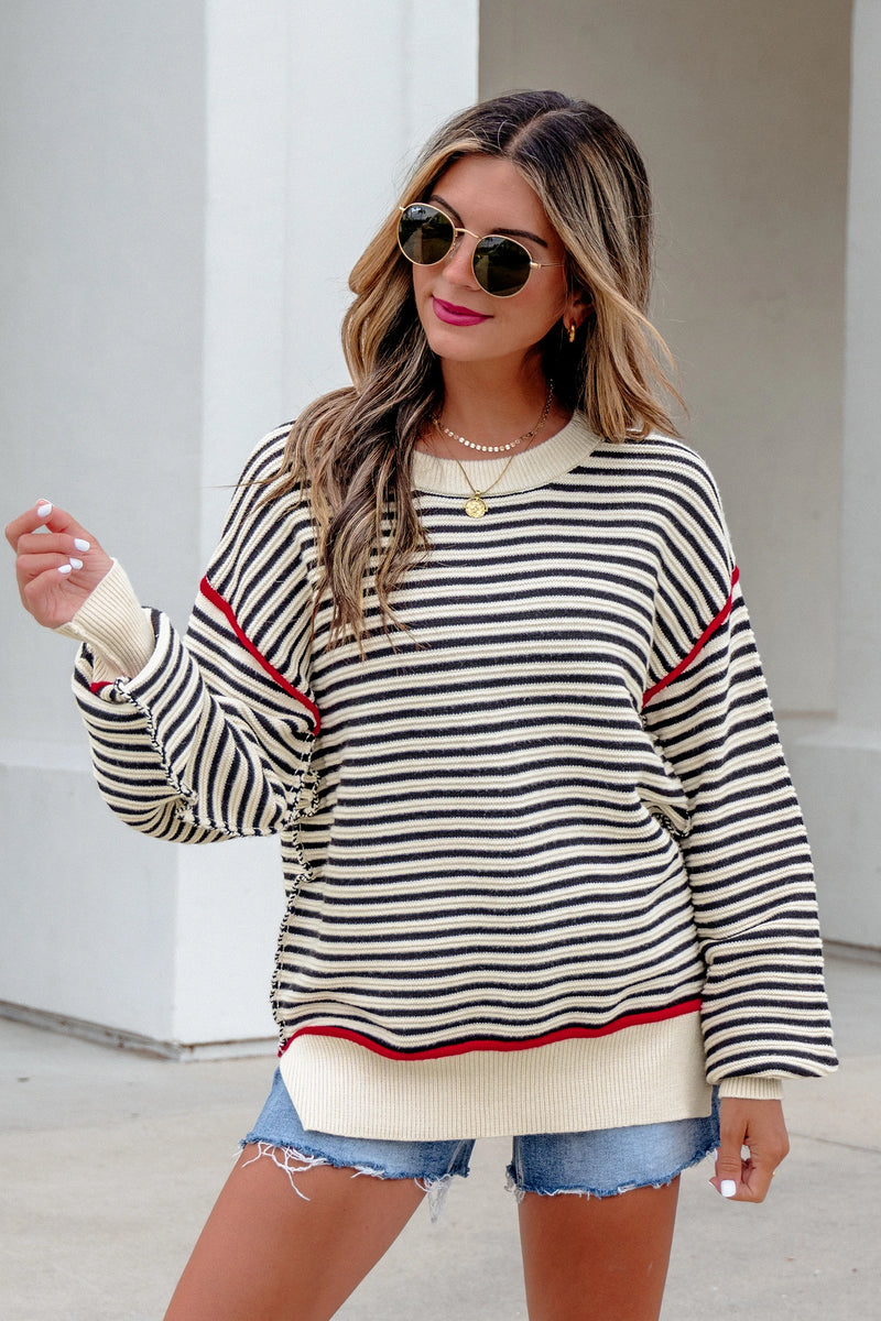 Load image into Gallery viewer, DLLS1082 - Ladies Black Stripe Ribbed Trim Drop Shoulder Oversized Sweater
