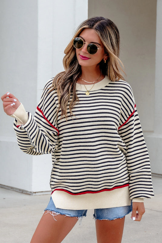 DLLS1082 - Ladies Black Stripe Ribbed Trim Drop Shoulder Oversized Sweater