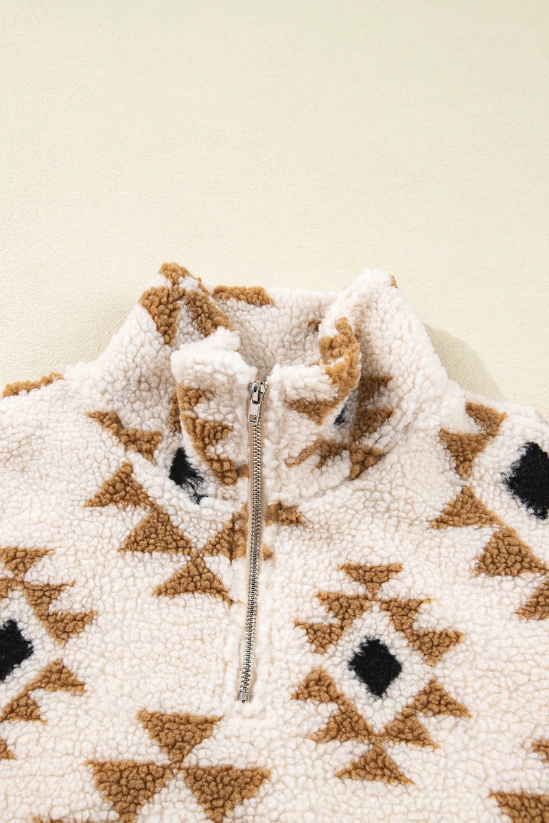 Load image into Gallery viewer, DLLS201 - Ladies Khaki Aztec Print Sherpa Quarter Zip Collar Sweatshirt
