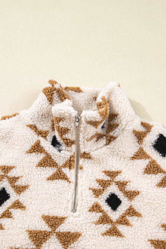 DLLS201 - Ladies Khaki Aztec Print Sherpa Quarter Zip Collar Sweatshirt