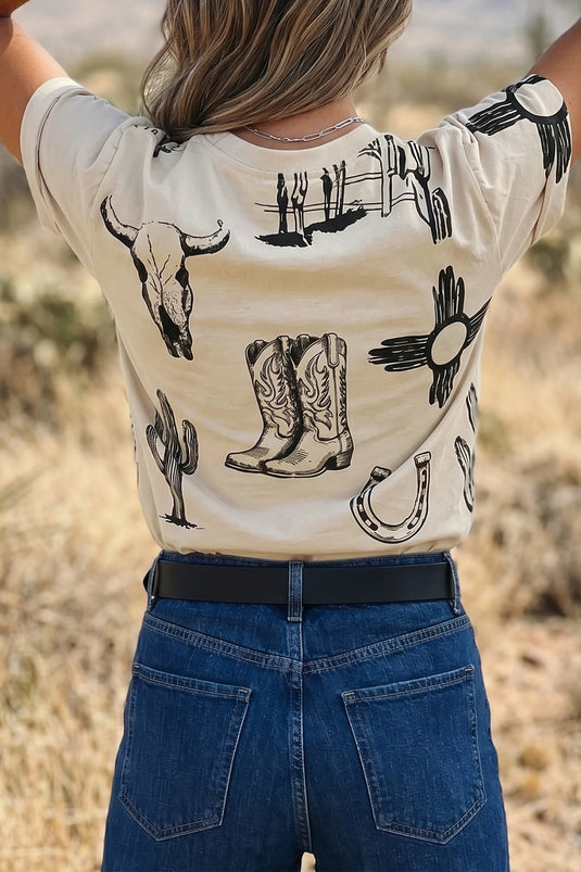 DLLS674 - Ladies Beige Retro Western Print T Shirt