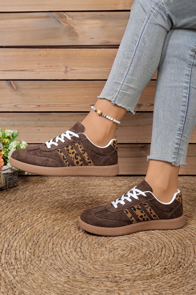 Load image into Gallery viewer, DLLSHOE 14 - Coffee Contrast Lace-up Leopard Patchwork Detail Faux Suede Shoes
