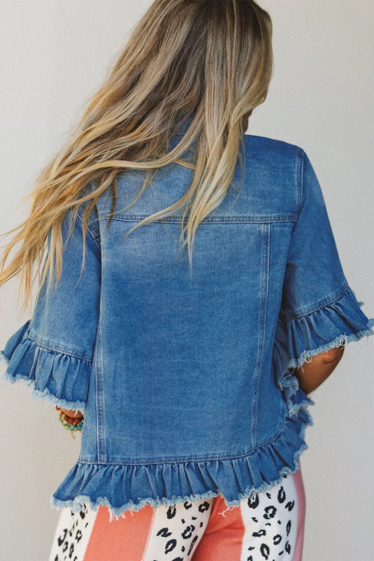 DLLS649 - Ladies Blue Ruffle Hem Denim Jacket Half Sleeve Western Style