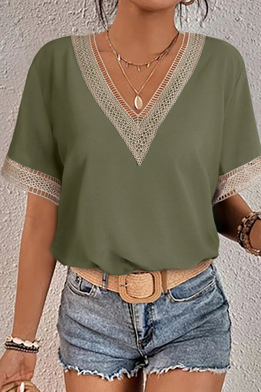 DLLS518 - Ladies Green Lace Trim V Neck Short Sleeve Blouse