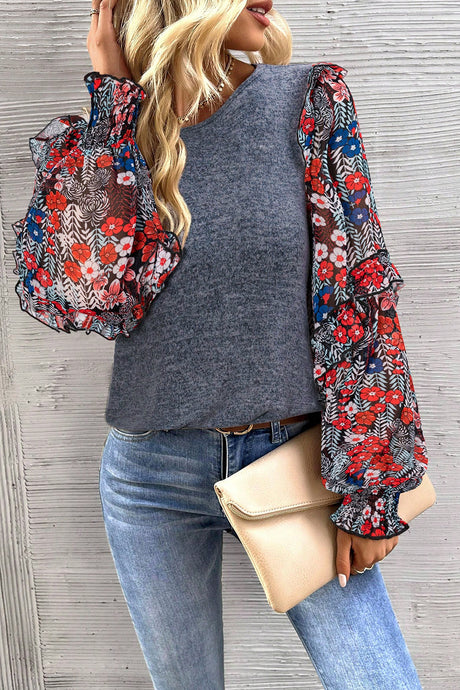 DLLS114 - Ladies Blue Pale Chestnut Ruffle Tiered Floral Sleeve Crew Neck Blouse