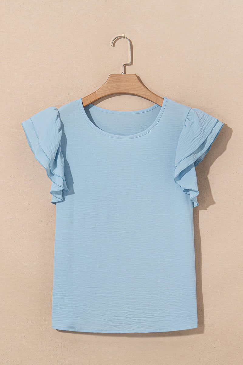 Load image into Gallery viewer, DLLS452 - Ladies Mist Blue Solid Color Ruffled Short Sleeve Casual Blouse
