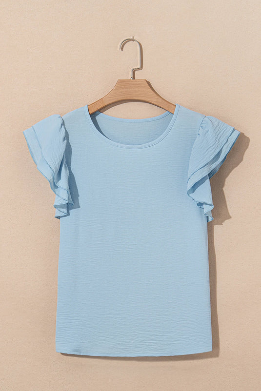 DLLS452 - Ladies Mist Blue Solid Color Ruffled Short Sleeve Casual Blouse