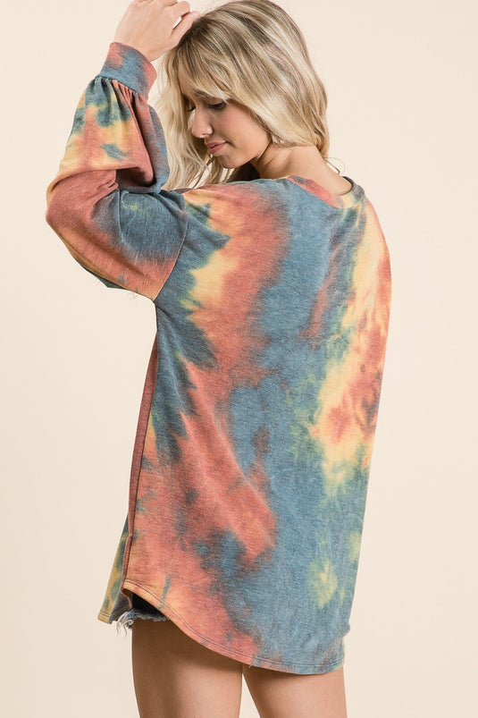 BIBI2- Ladies Tie Dye French Terry Knit Top With Balloon Sleeves