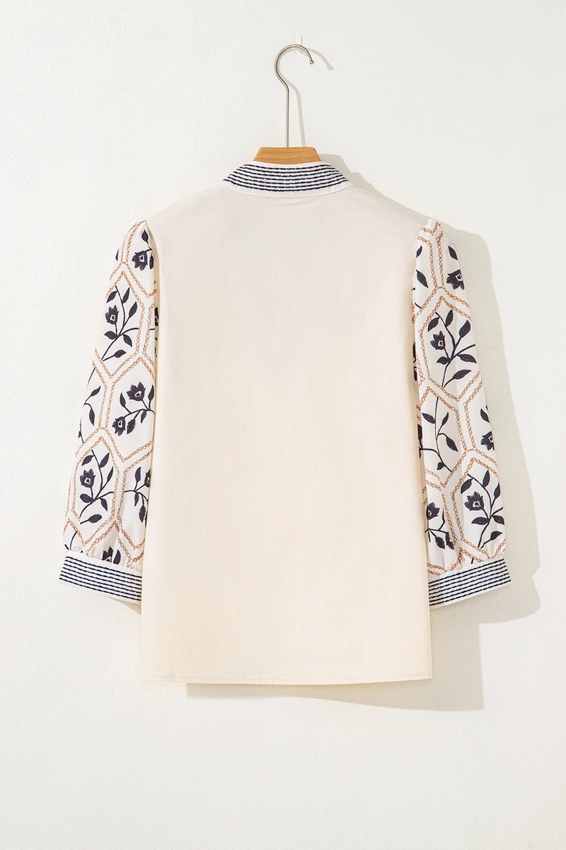 Load image into Gallery viewer, DLLS372- Ladies White Floral Puff Sleeve Contrast V Neck Patchwork Blouse
